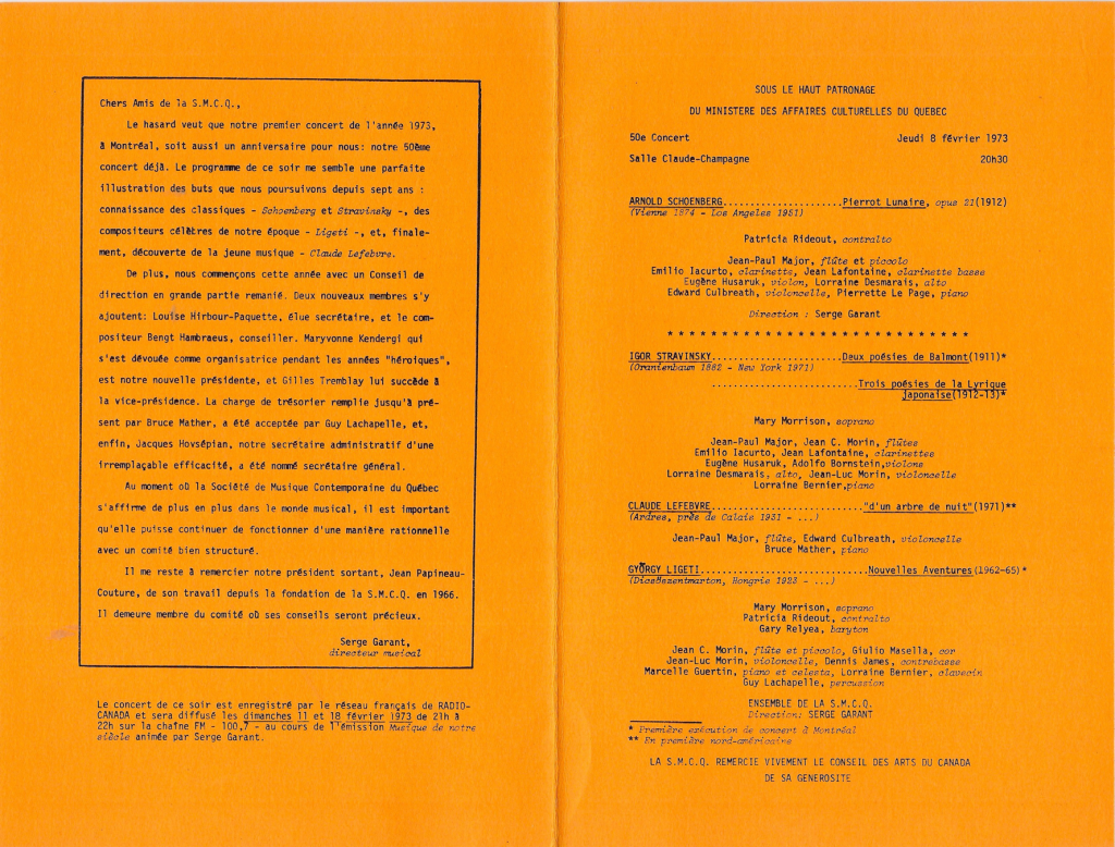 Figure 1 : SMCQ, Programme du 50<sup>e</sup> concert, 8 février 1973, 3<sup>e</sup> de couverture, 14 cm x 21,5 cm.