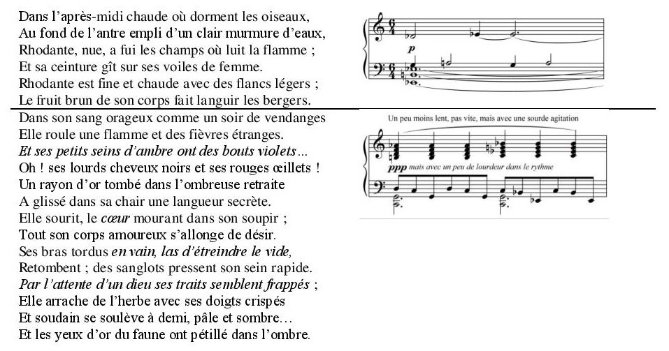 Figure 9 : Charles Koechlin, « Rhodante », mes. 1 et 11 (Koechlin [1909]) ; les parties du texte en italique n'ont pas été mises en musique.