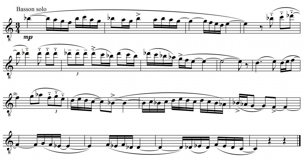 Exemple musical 6 : Maurice Ravel, <em>Boléro</em>, thème 2, mes. 47-51 – transcription.