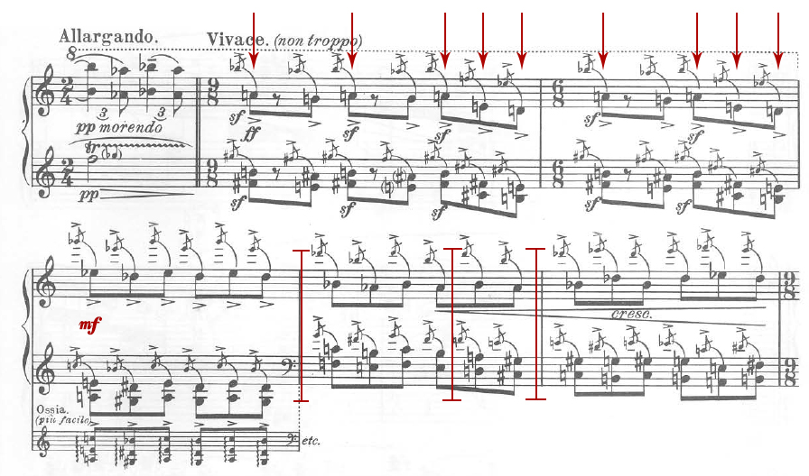 Figure 34 : Karol Szymanowski, <em>Masques</em>, op. 24 (1915-1916), « Tantris le bouffon » (n<sup>o</sup> 2), mes. 53-58, indications interprétatives (accents, dynamique, respirations).