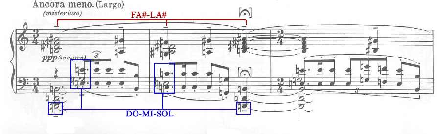Figure 36 : Karol Szymanowski, <em>Masques</em>, op. 24 (1915-1916), « Tantris le bouffon » (n<sup>o</sup> 2), mes. 47-49, impact de l’accentuel à la main gauche sur l’importance sonore des notes mélodiques de la main droite.