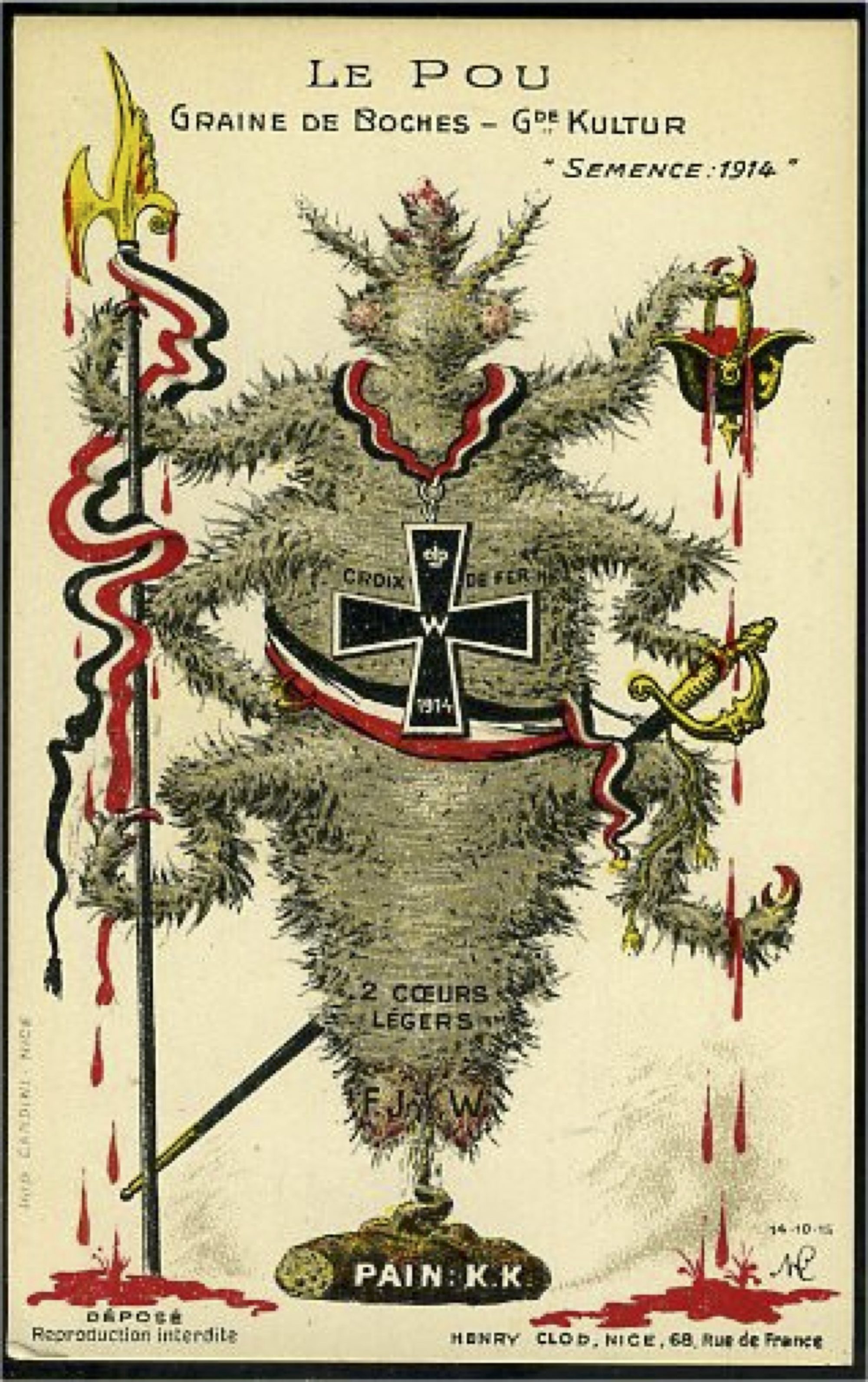 Figure 2a : Henry Cold, Le pou. Graine de boches. Grande Kultur, semence 1914 (carte postale), Nice, 1914.