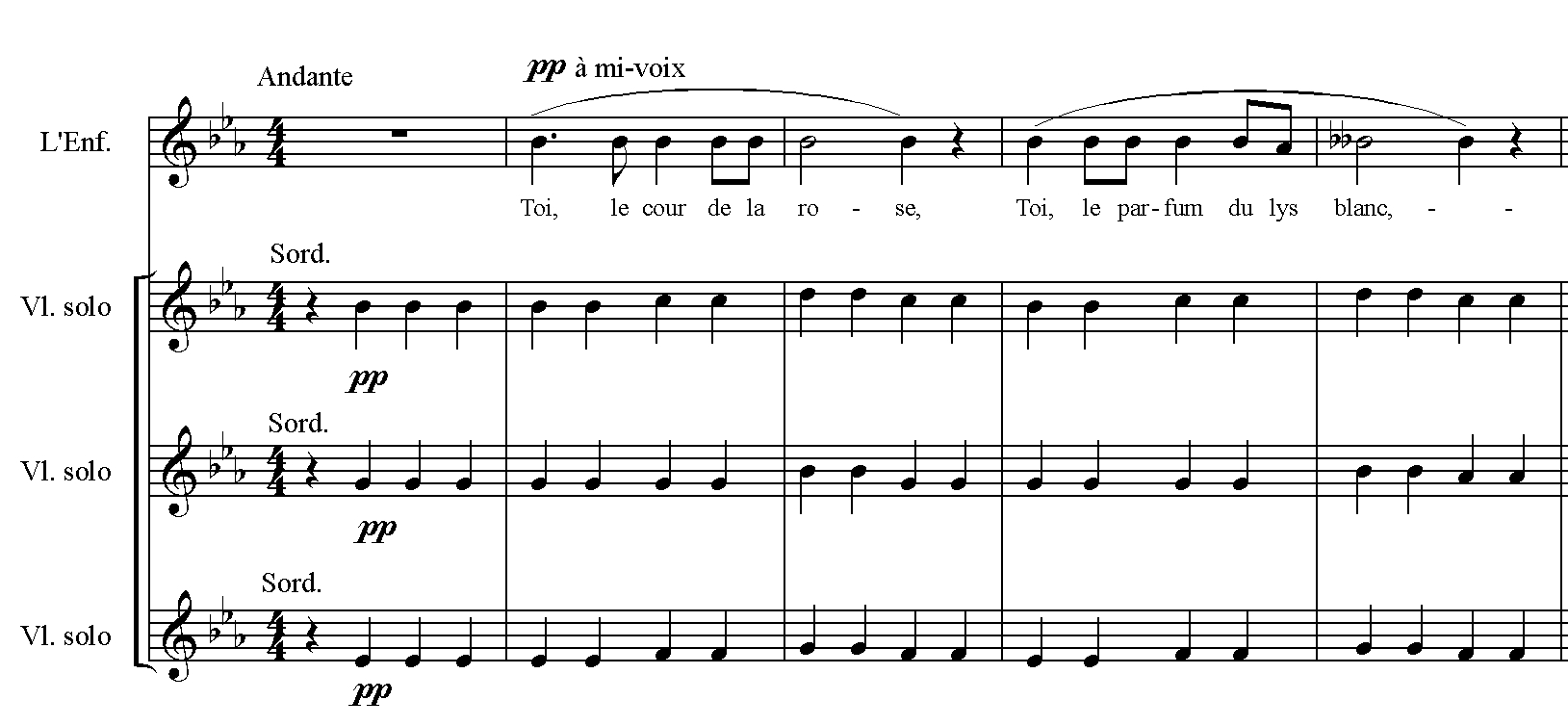 Figure 3 : Maurice Ravel, <em>L’enfant et les sortilèges</em>, « Toi le coeur de la rose », mes. 1-5 (parties de violons et chant).