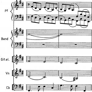 Figure 6 : Astor Piazzolla, Milonga del ángel, mes. 27-28, noire ≈ 87, mesure à 4/4, extrait d’une partition publiée par Ed. Lagos (avec l’aimable autorisation de l’éditeur ; enregistrement sorti en 1965). Écouter, de 01:21 à 01:30.