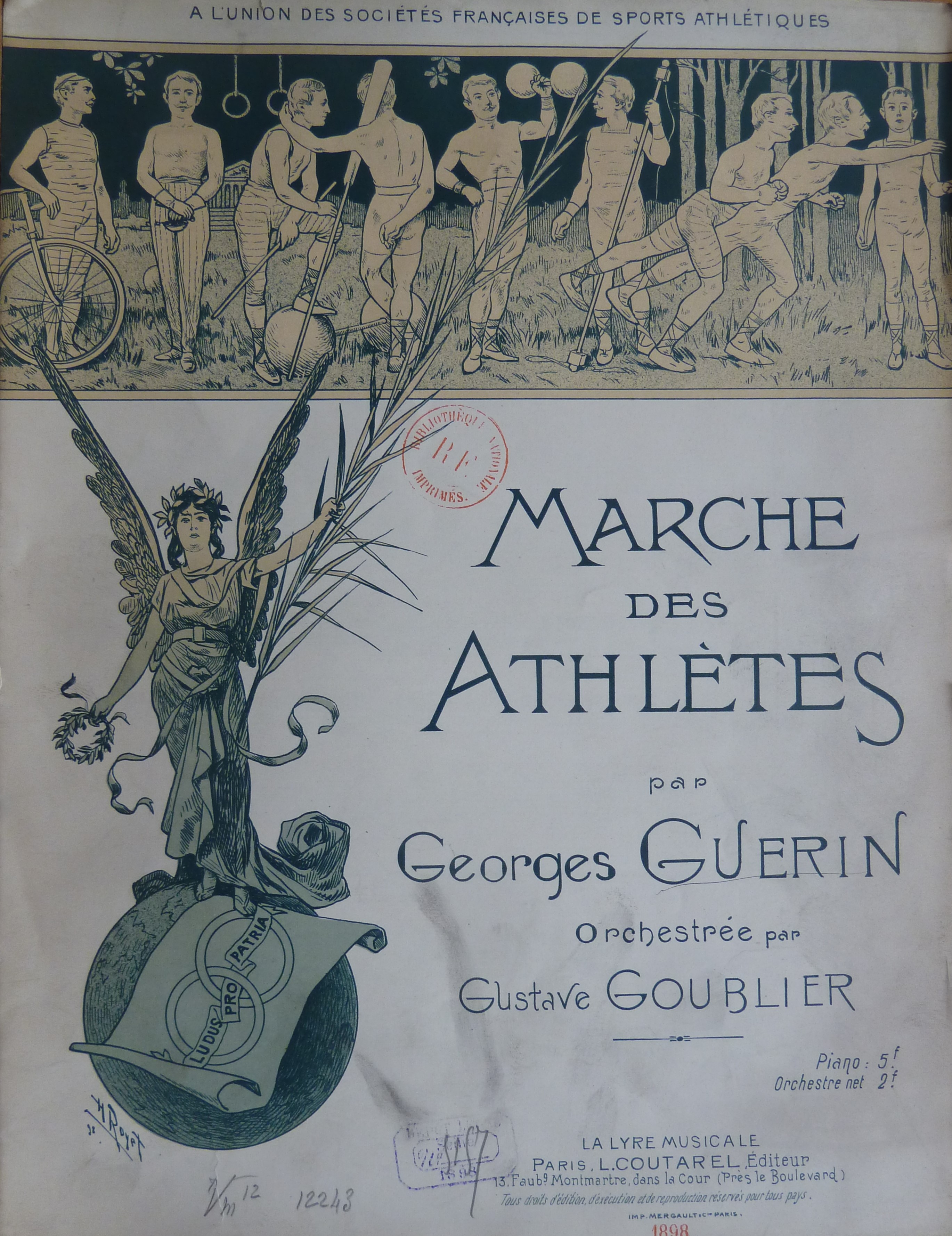 Figure 1 : H. Royet, couverture de la Marche des athlètes de Georges Guerin (Paris, L. Coutarel/La lyre musicale, 1898), avec la devise « ludus pro patria ». Source : BnF.