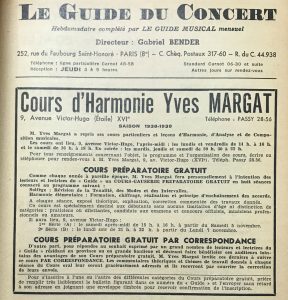 Figure 3. Descriptif des cours d’Yves Margat (enrichis du nouveau cours par correspondance) sur le frontispice du Guide du concert, vol. 25, no 4 (28 octobre 1938), p. 69.