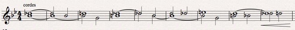 Figure 8 : Harry Gregson-Williams, <em>Total Recall</em>, scène de poursuite en voiture, deuxième motif de nappes de cordes dans l’aigu. Transcription personnelle à partir du film (00:53:06-00:53:17).